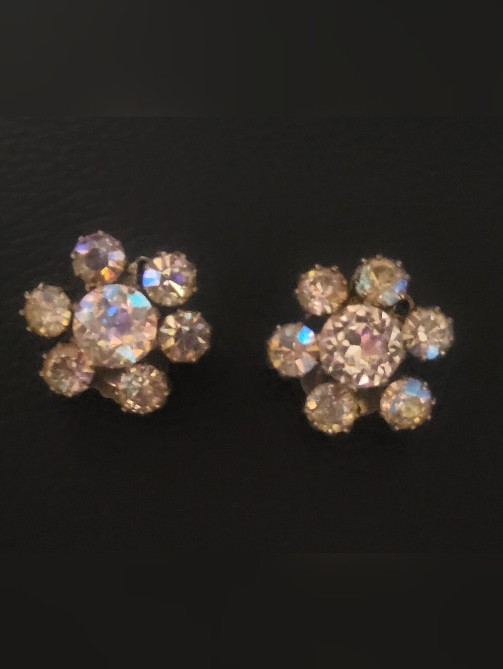 Vintage Signed WEISS Clear Rhinestone Flower Rosette Clip On Earrings